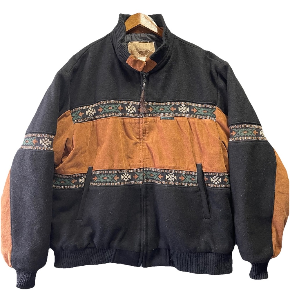 Vintage Cripple Creek Men Jacket Wool XXL Black Brown Bomber Southwestern Aztec